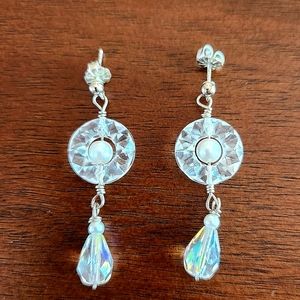 Handmade Sterling Silver Post Dangle Earrings With White Pearls & AB Crystals